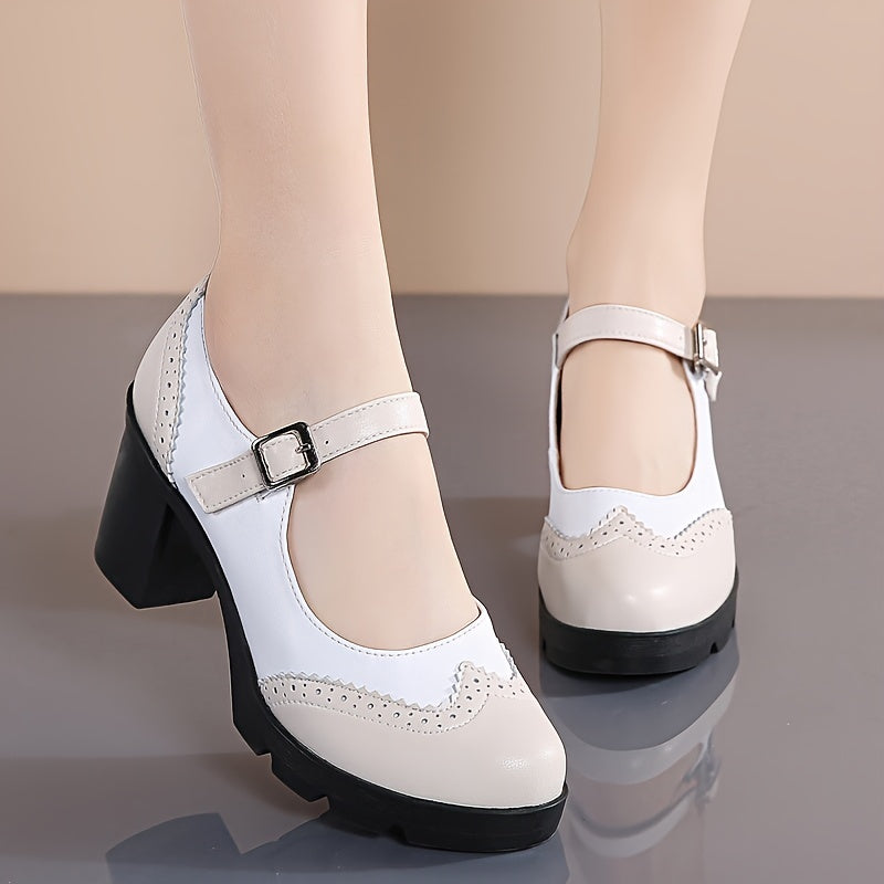 Women's Chunky Heel Brogue Pumps All-Match Classic Buckle Strap Office Shoes
