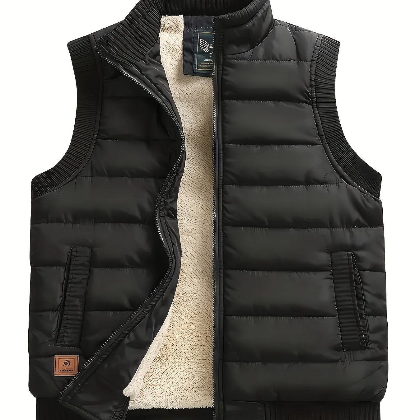 Men's Winter Vest Olive Green Zipper Fleece-Lined Casual Sleeveless Outerwear