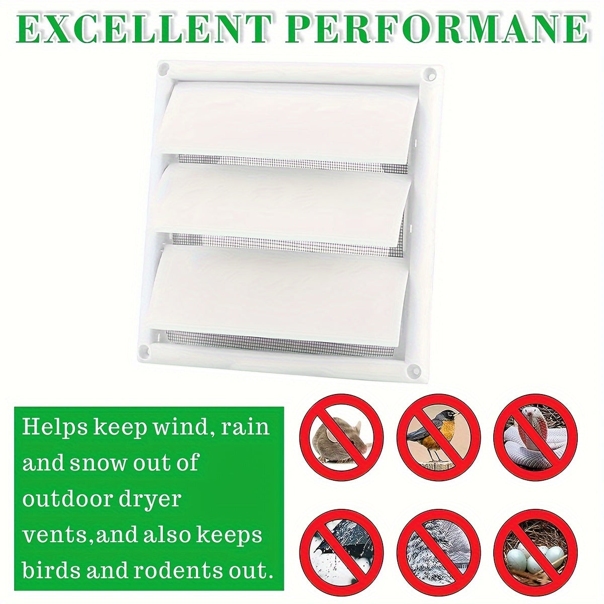 White Dryer Vent Cover with Screen for Exterior Wall Vent Hood Outlet 10.16cm x 15.24cm