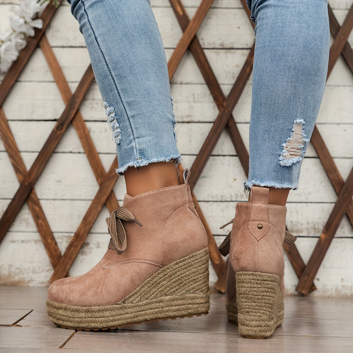 Women's Linen Wedge Ankle Boots Casual Solid Color Lace-Up Platform Shoes