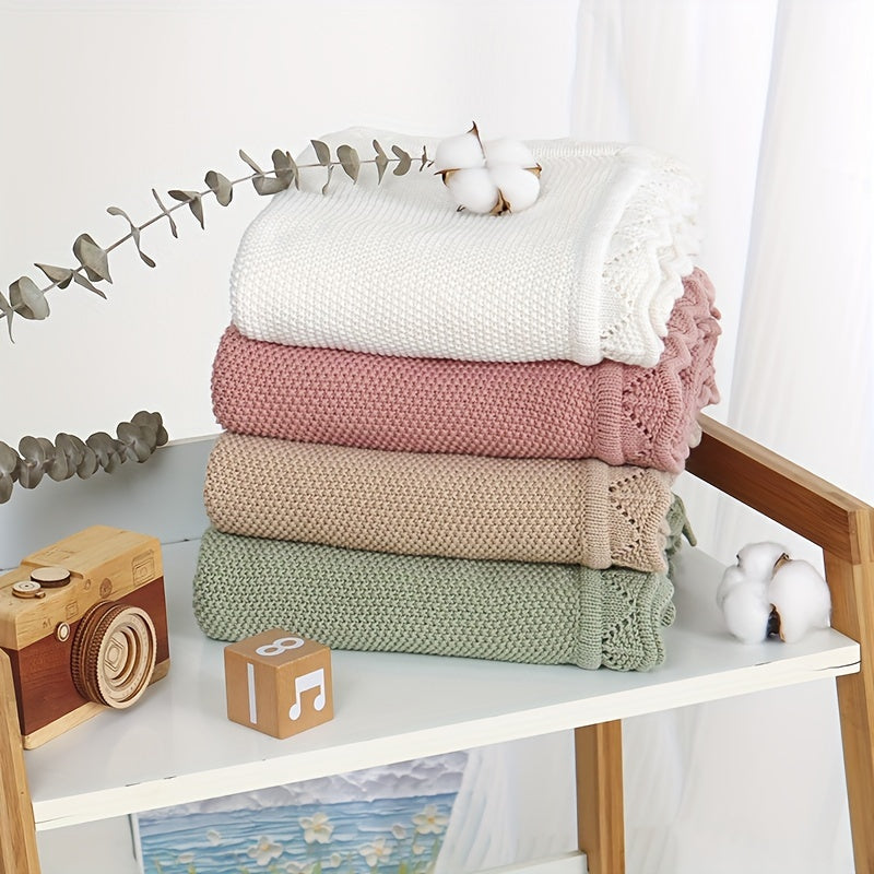 Soft Knit Blanket with Lace Trim for Nursery and Home Light Green Cream Tan