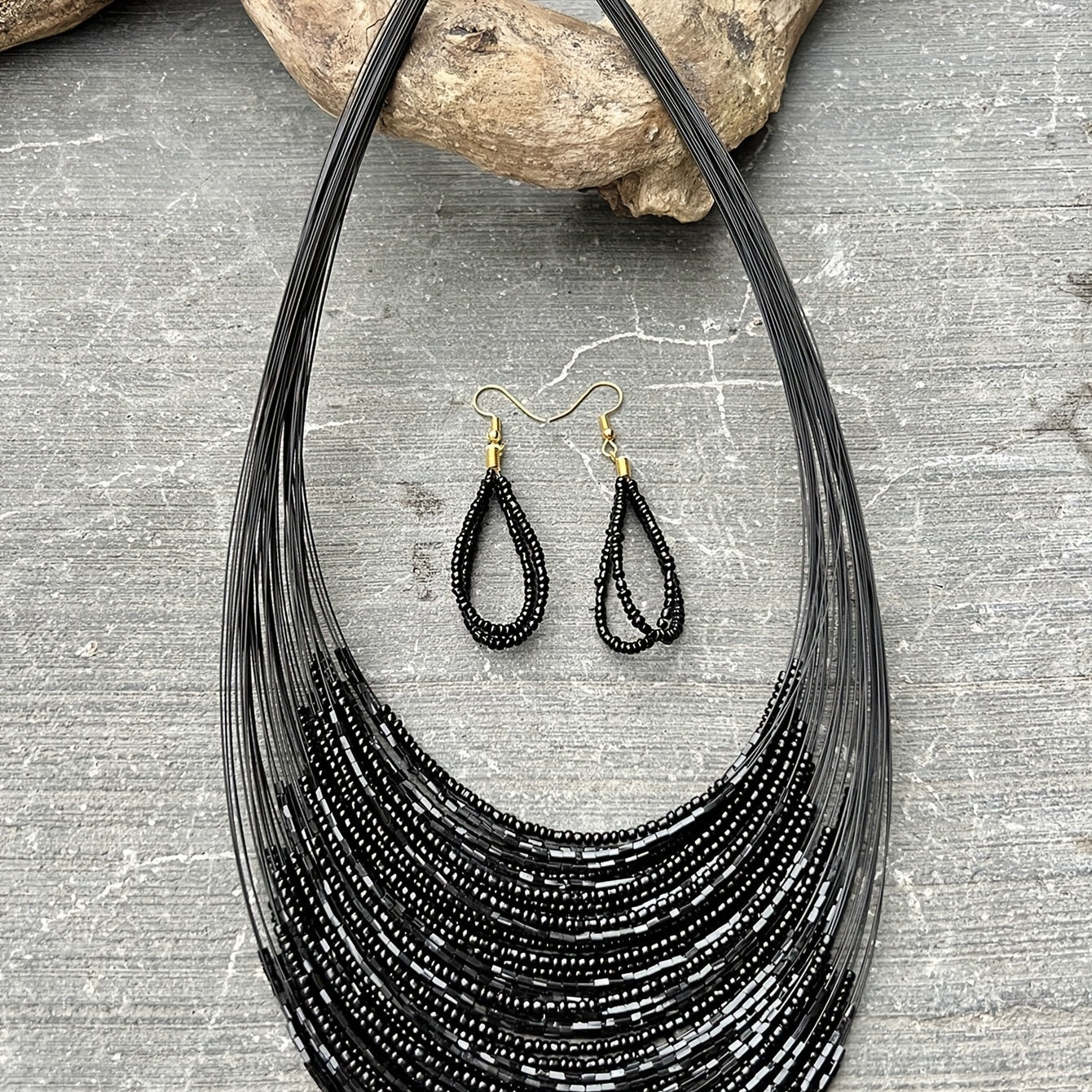 Set of Three Handmade Black Bead Earrings and Necklace Multi-Layer Jewelry