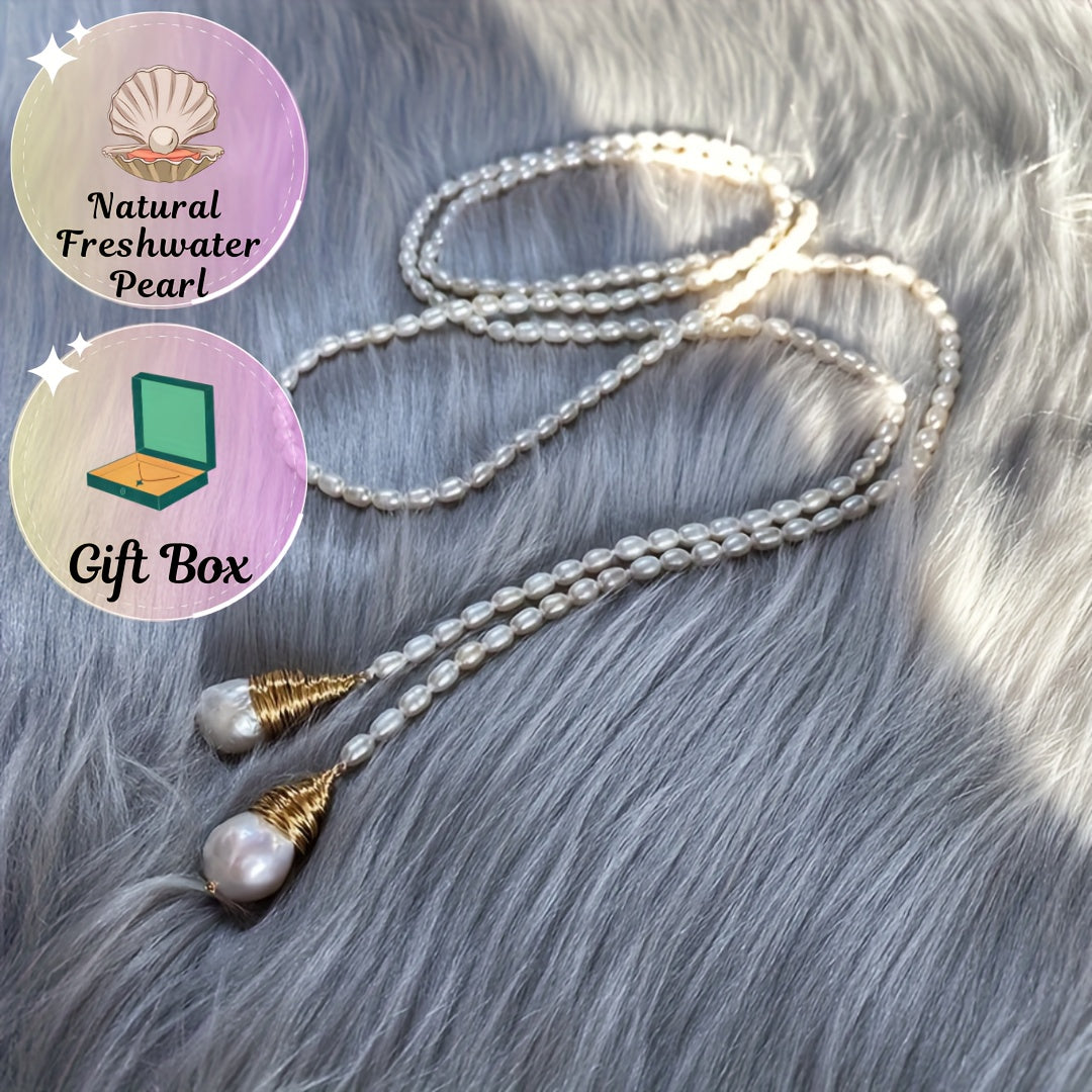 Women’s Boho Style Freshwater Baroque Pearl Necklace with Double Pendant