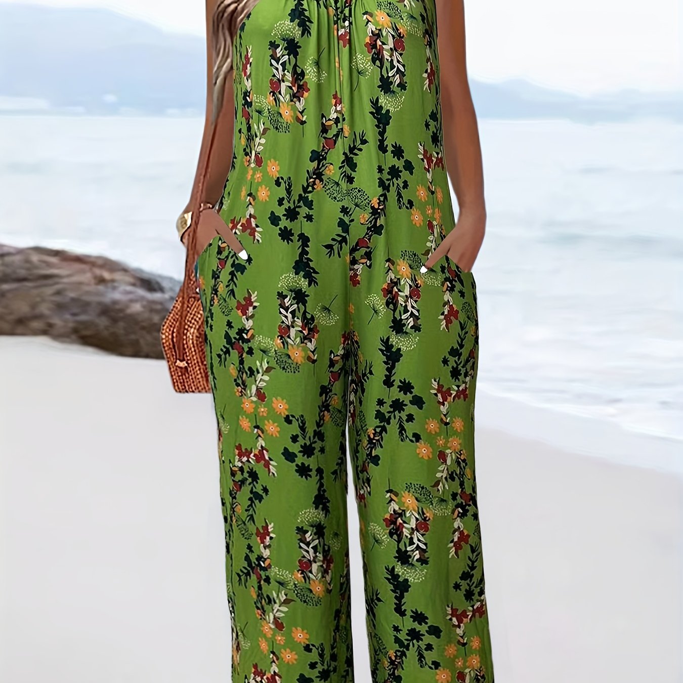 Plus-Size Casual Jumpsuit with 3D Floral Print Pockets Vacation Style