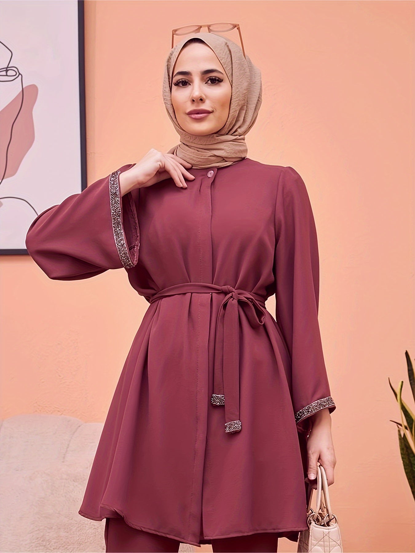 Top midi de mujer con pedrería, manga larga, de poliéster sólido, con cinturón, estilo del Medio Oriente