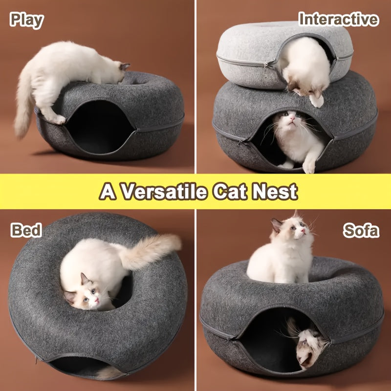 Donut-Shaped Cat Bed with Felt Tunnel and Canvas House for Small to Medium Cats Ferrets and Rabbits