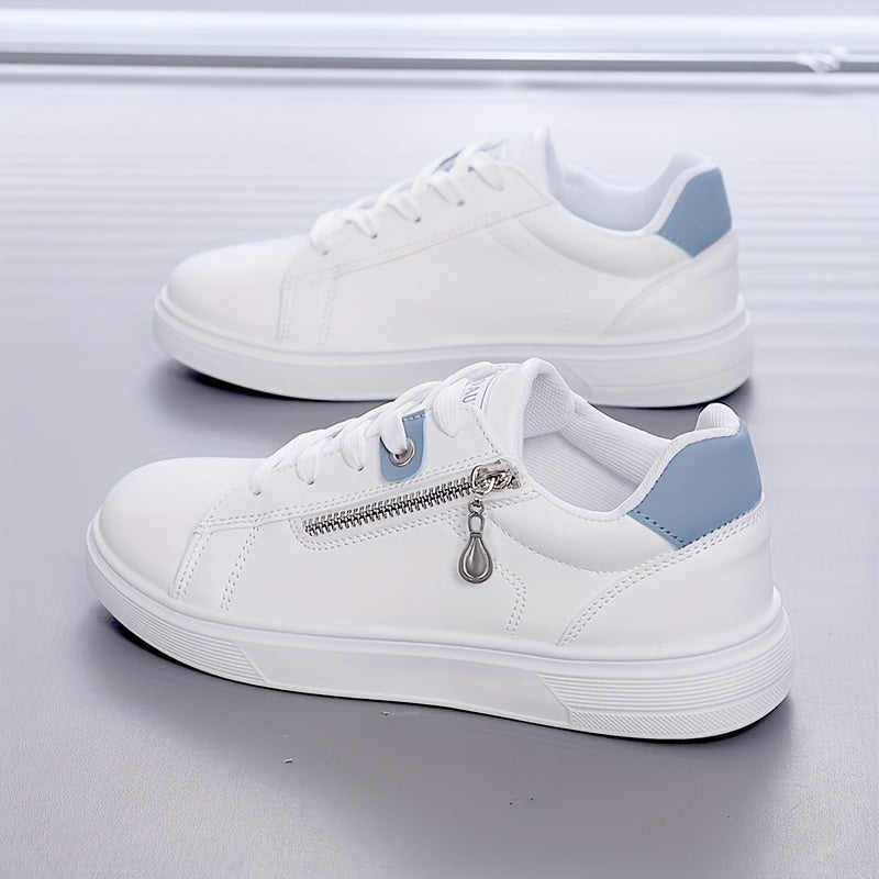 Ladies' Side Zipper Low-Top Flat Shoes, Comfortable Solid Color Walking Sneakers