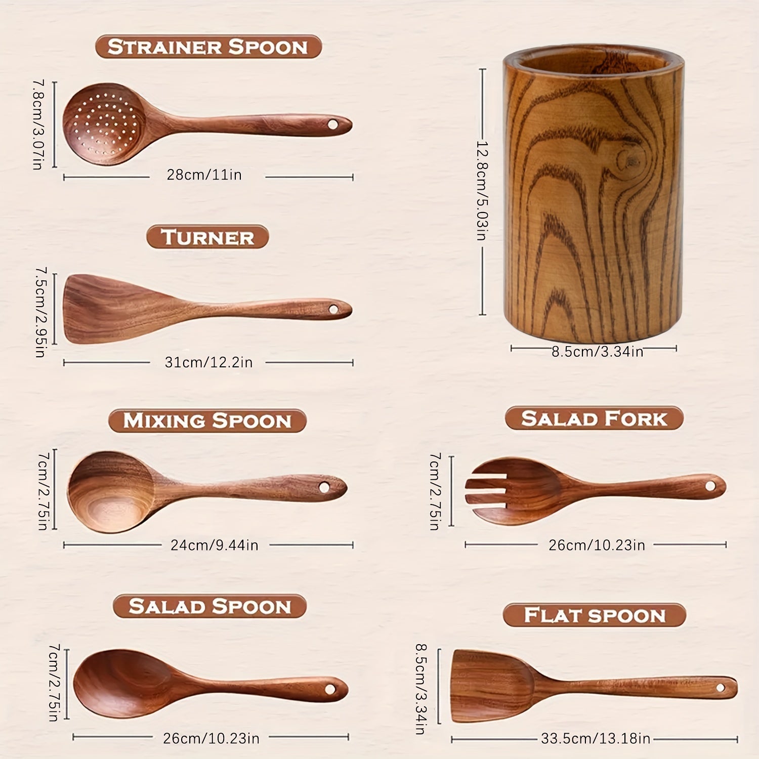 Juego de 7 utensilios de cocina de madera antiadherentes en cubo de almacenamiento con espátula, cuchara y más