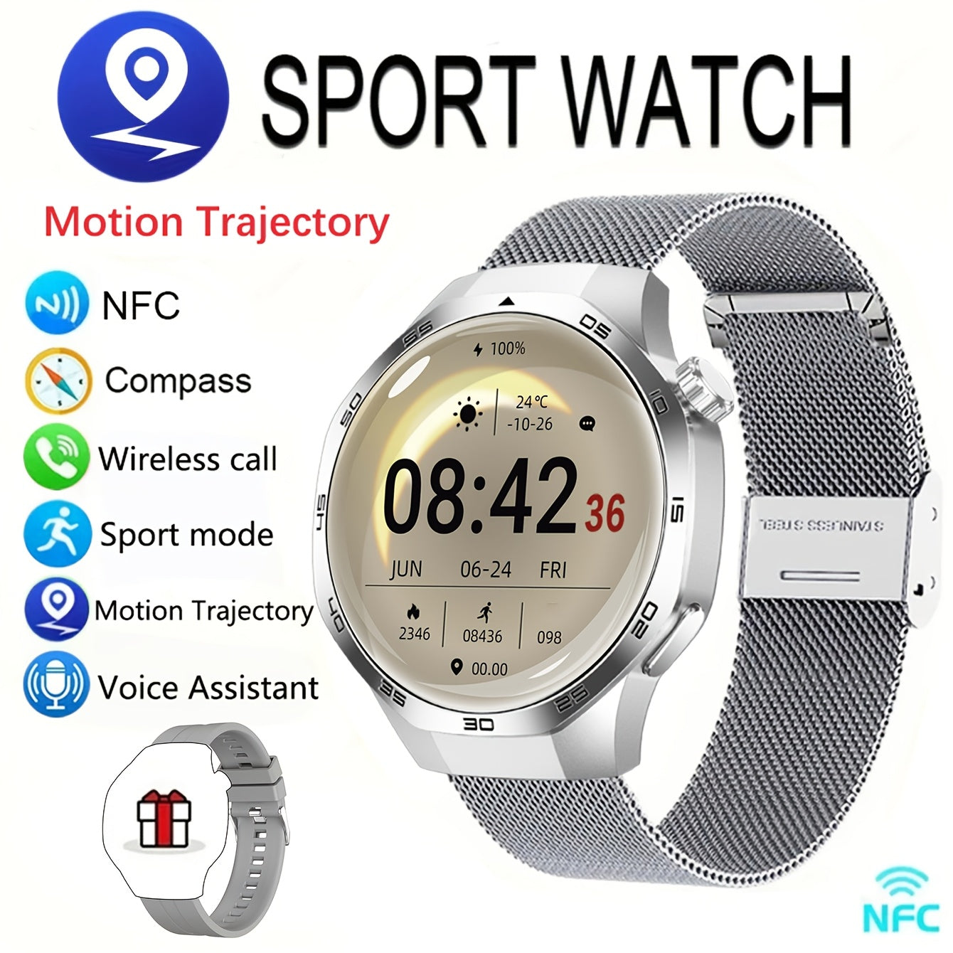 Men's Smartwatch GPS Fitness Tracker with 360x360 HD Screen AI Voice Call NFC 100+ Sports Modes