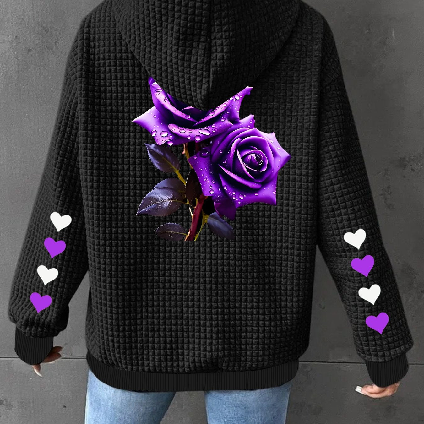 Women's Black Floral Print Hooded Jacket Lightweight Zip-Up All-Season Outerwear