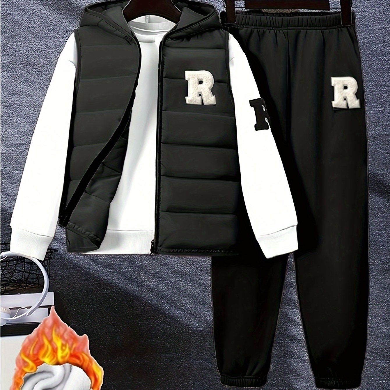 Kids Boys Fleece Set 3-Piece Autumn Winter Hoodie Vest Pants Casual