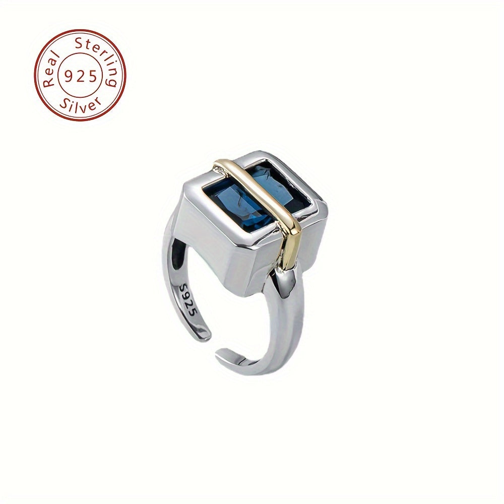 Sterling Silver Square Ring for Women with Blue Artificial Diamond Jewelry Gift
