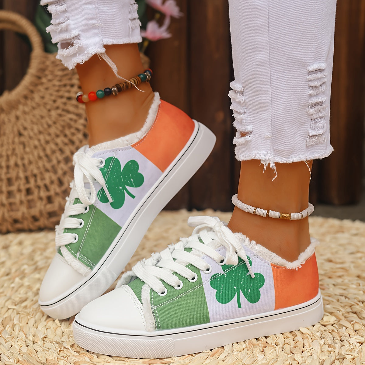 Zapatillas casuales de tela transpirable para mujer con diseño de trébol con bandera irlandesa