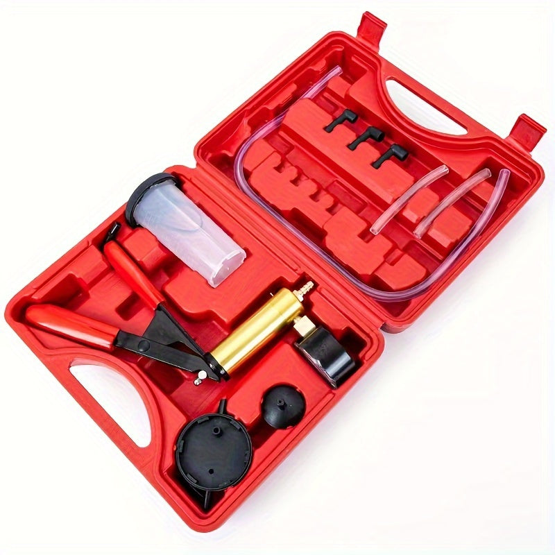 Manual Vacuum Pump Kit for Brake Bleeding and Vacuum Testing with Gauge and Adapters