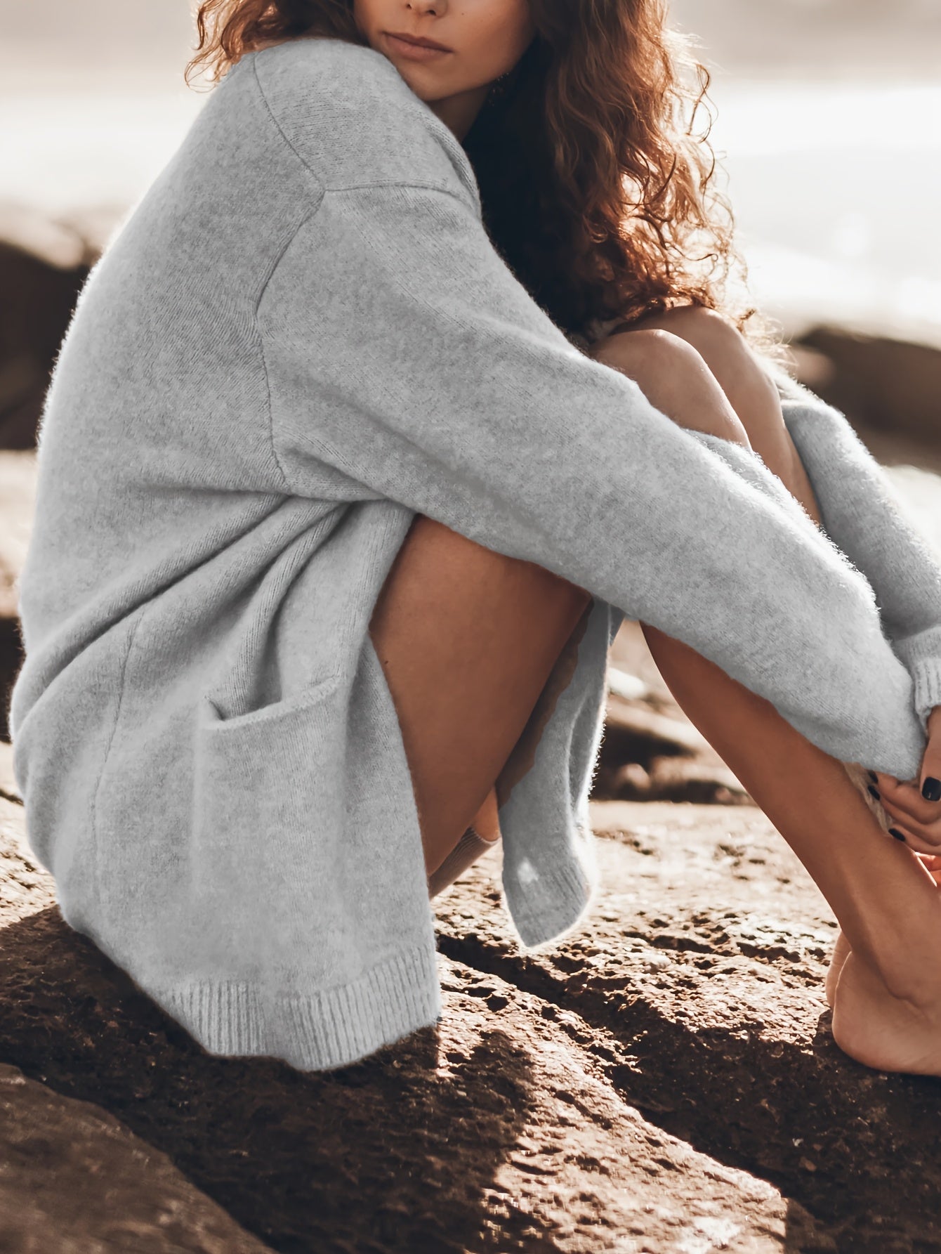 Кардиган для женщин больших размеров с длинными рукавами, открытая передняя часть, карманы, осень-зима, дышащий трикотаж