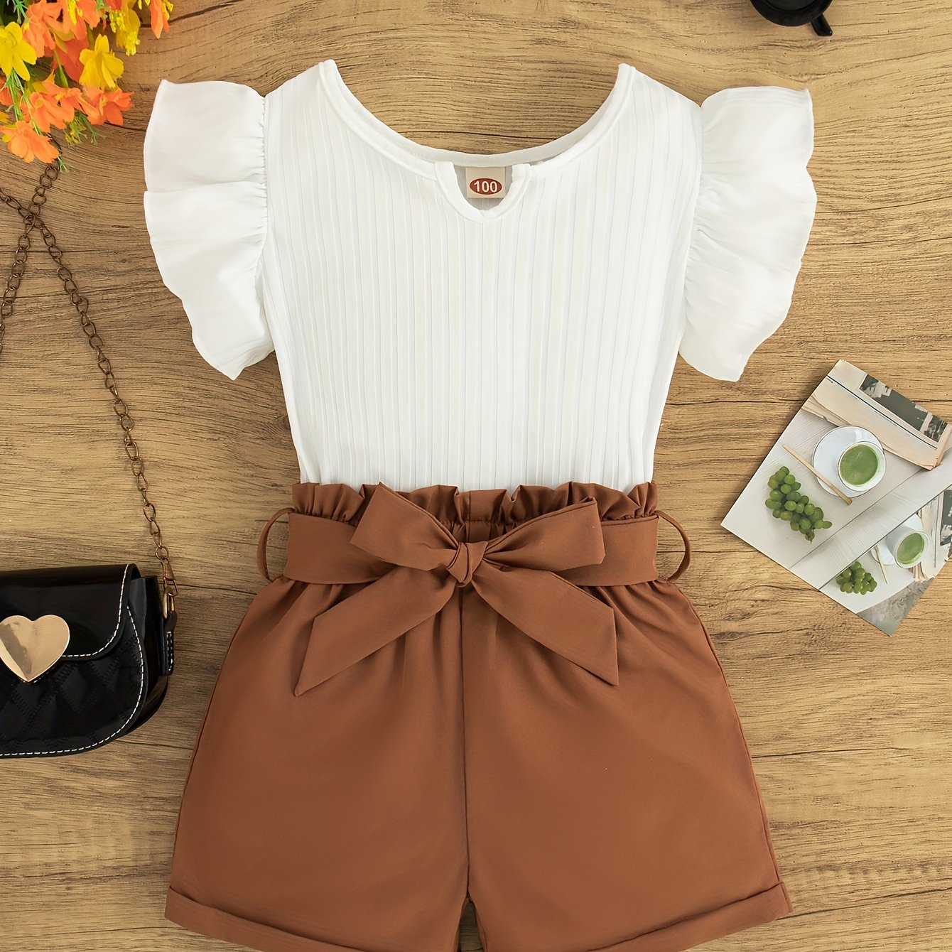 Girls Summer Outfit Set with Top and Shorts Bow Belt Solid Color Sleeveless Casual