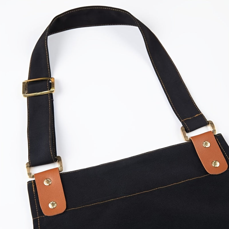 Ko'p maqsadli suv o'tkazmaydigan kanvas apron, sun'iy charm aksentlar bilan, oshxona, catering va sut choyi do'konlari uchun mukammal. Mustahkam polyester materialdan tayyorlangan va zamonaviy bir rangli dizaynga ega.