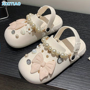 Women's Faux Pearl Clogs Platform Bowknot Breathable Hollow Out Garden Shoes