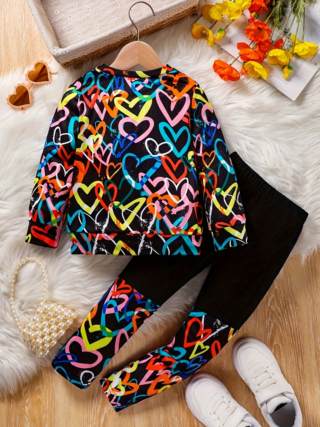 Kids Girls Heart Print Sweatshirt and Leggings Set Fall Winter Casual