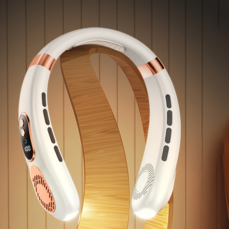 Neck-Mounted USB Fan with LED Lights, Bladeless Design, 5-Speed Cooling