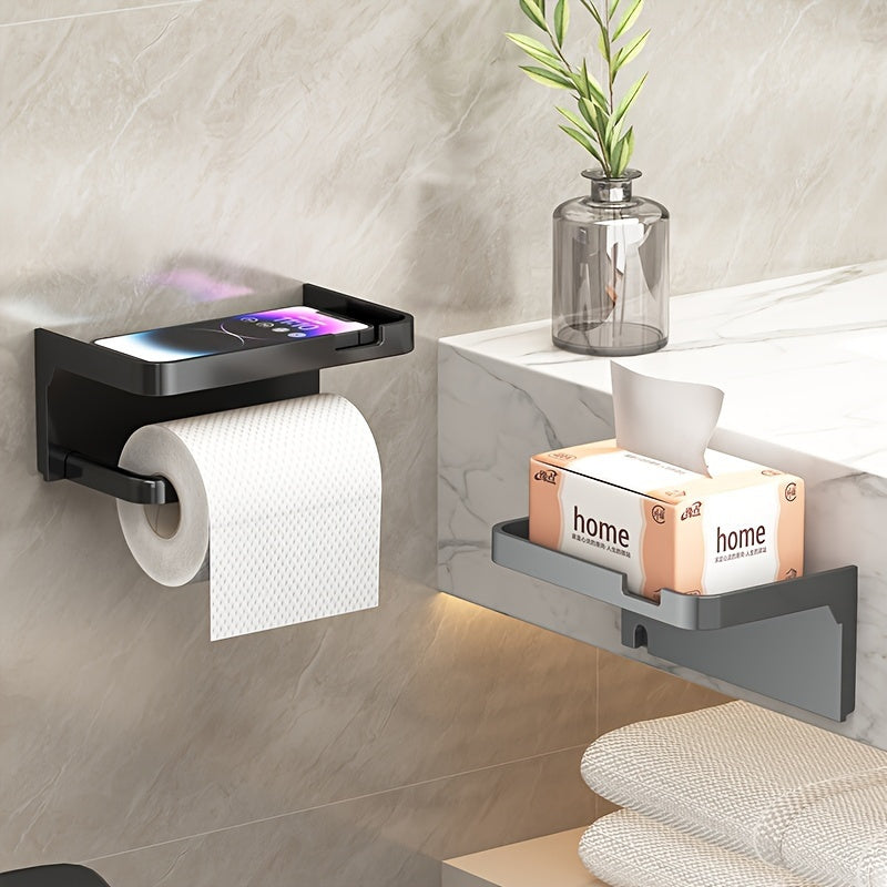 Wall-Mounted Toilet Paper Holder with Phone Shelf Polished Finish Self-Adhesive Bathroom Storage