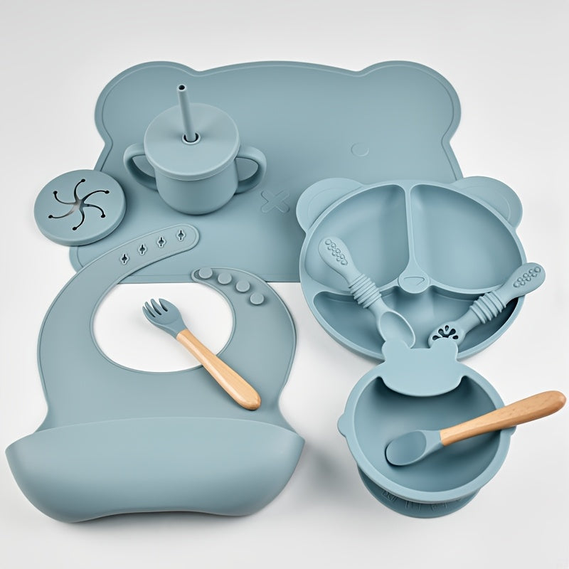 Silicone Baby Feeding Set 10 Pieces for Ages 0-3 Non-Slip Plate Bowl Bib Straw Cup Spoon Fork