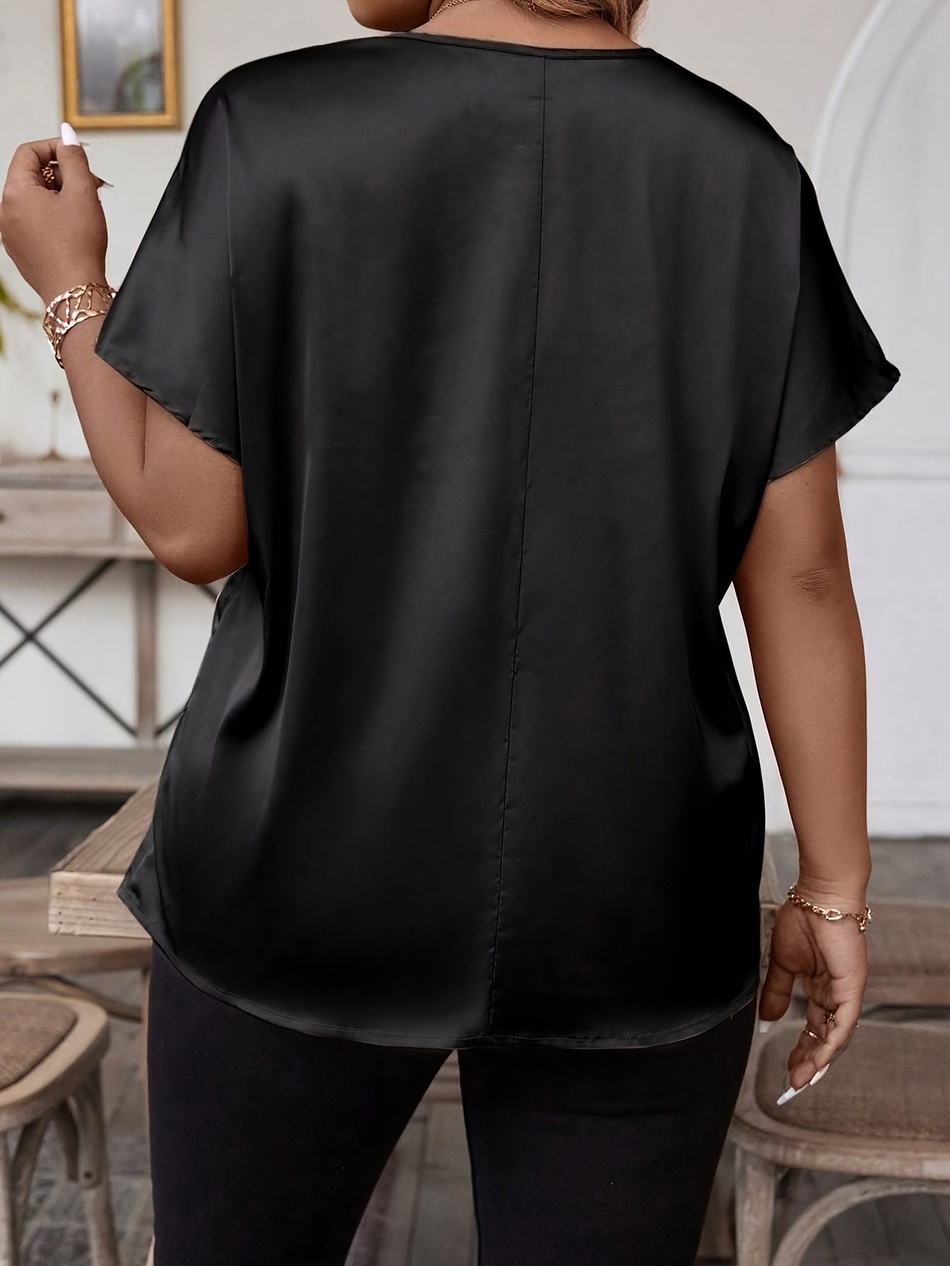 Plus Size Women's Satin Batwing Sleeve Blouse Black Short Sleeve Casual Semi-Formal