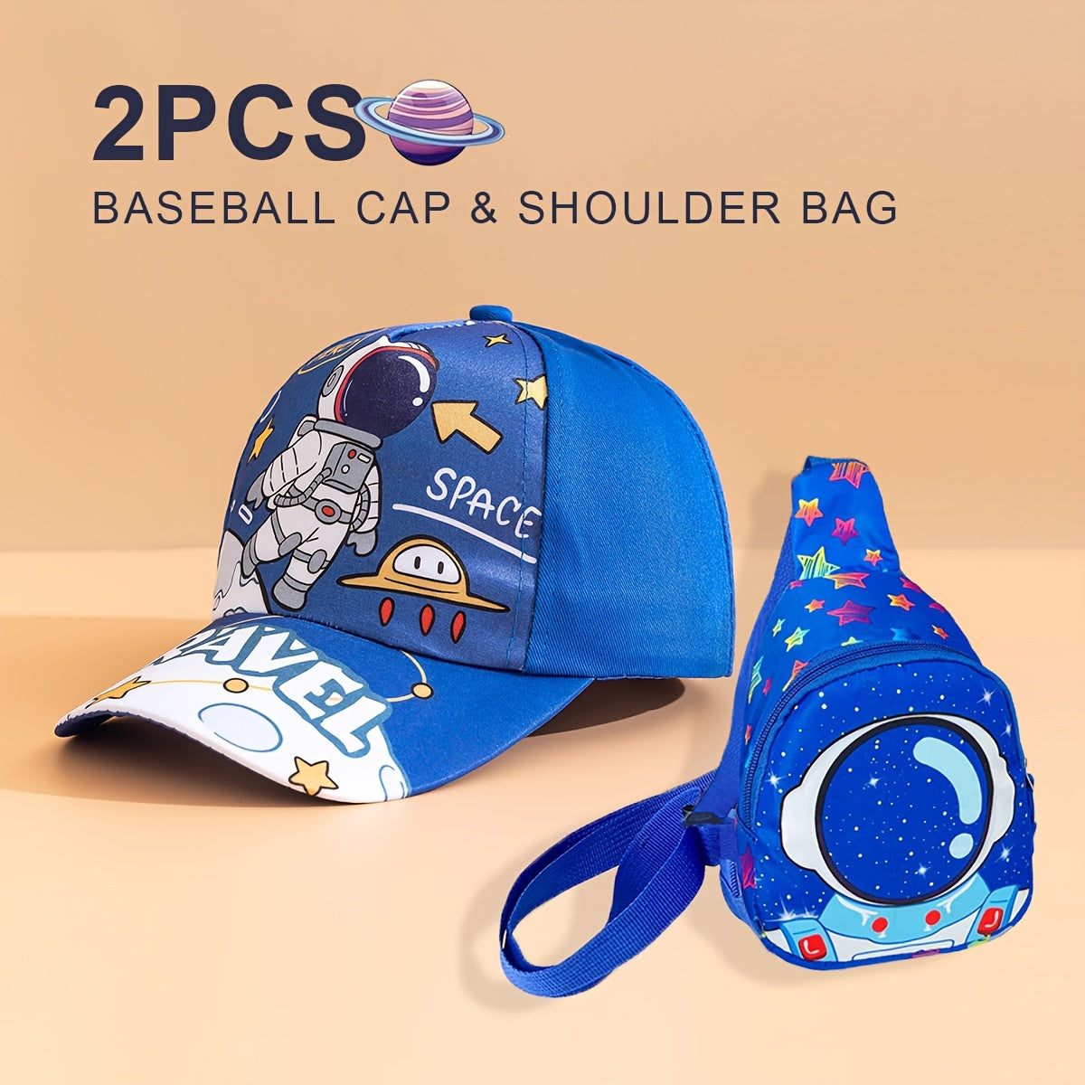 Kids Boys Astronaut Star Pattern 2-Piece Set Baseball Cap Sling Bag Breathable Polyester Ages 3-14