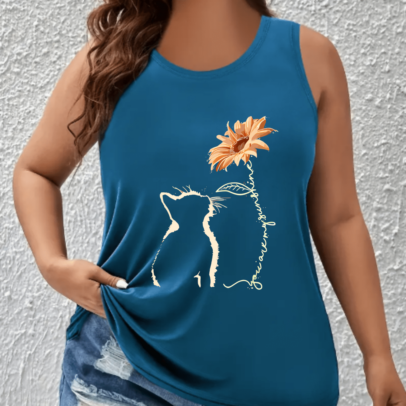 Plus Size Sleeveless Tank Top Women’s Breathable Floral Cat Print Summer Athletic