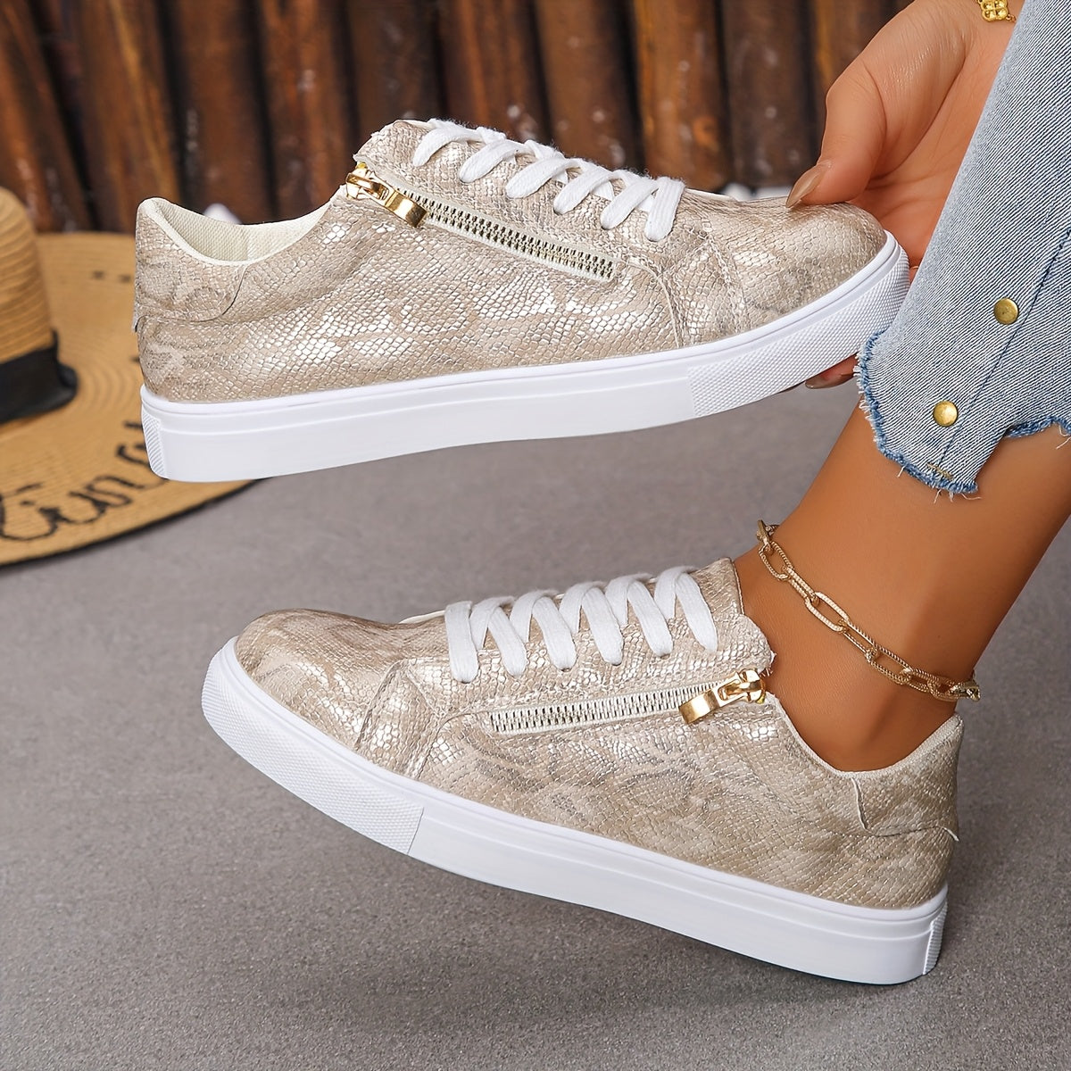 Women's Metallic Gold Snake Faux Leather Low-Top Sneakers