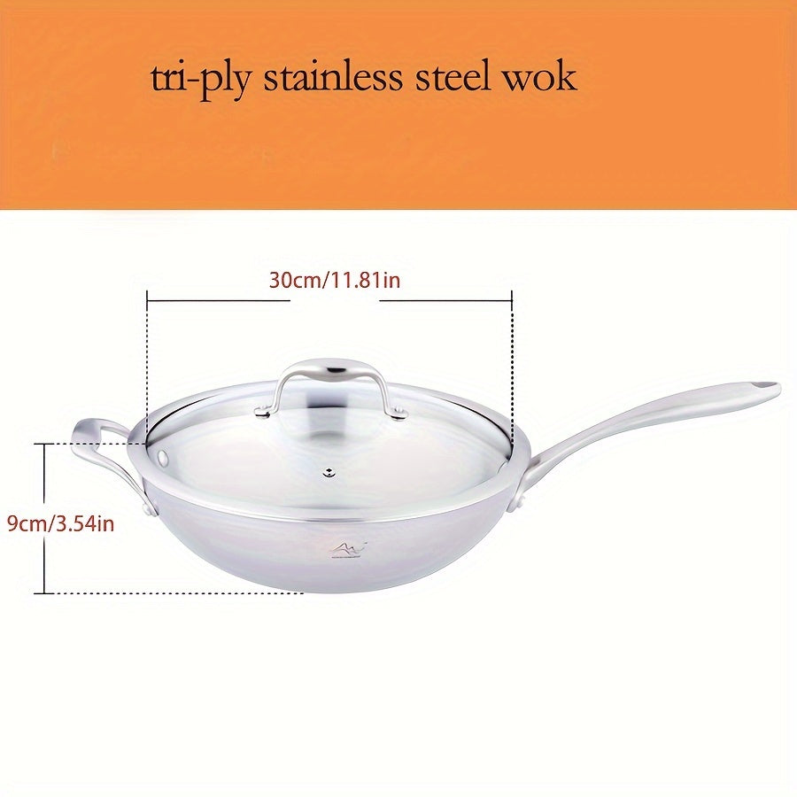 Premium Tri-Ply Stainless Steel Wok with Glass Lid for Gas and Induction Cooking