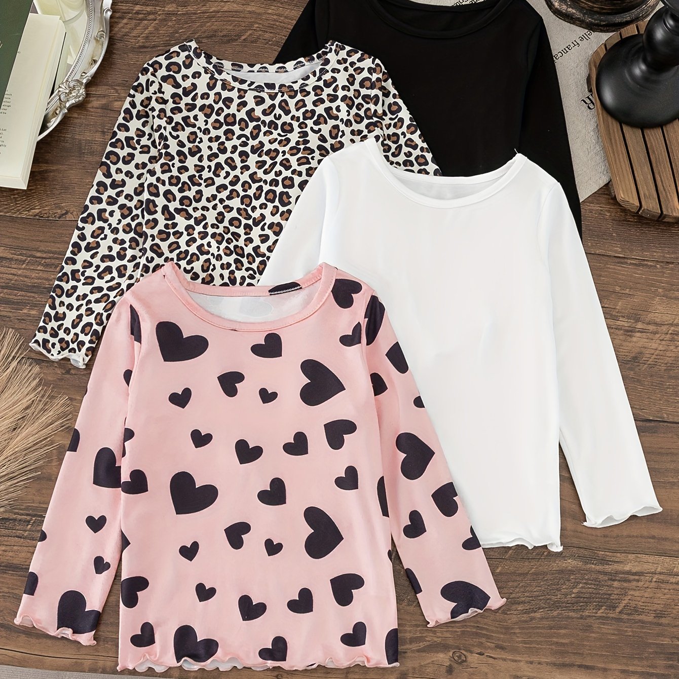 Girls' Long Sleeve Knit Tops 4-Piece Set Spring Fall Floral Solid Colors Skinny Fit