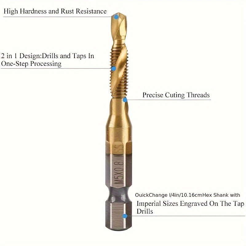 6-Piece Titanium Drill and Tap Bit Set High-Speed Steel M3-M10 for Screw Tapping