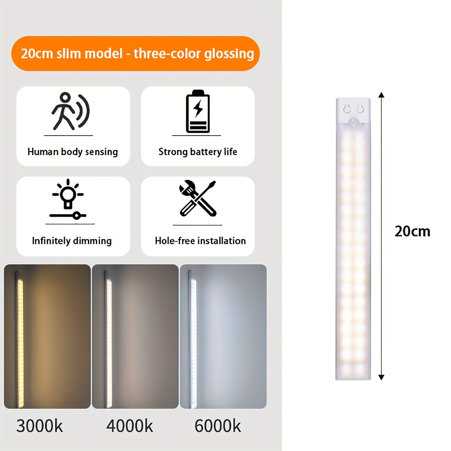 Ultra-Thin LED Light Strip with Human Body Sensing Multi-Mode Wall-Mounted Rechargeable for Kitchen Wardrobe Bedroom