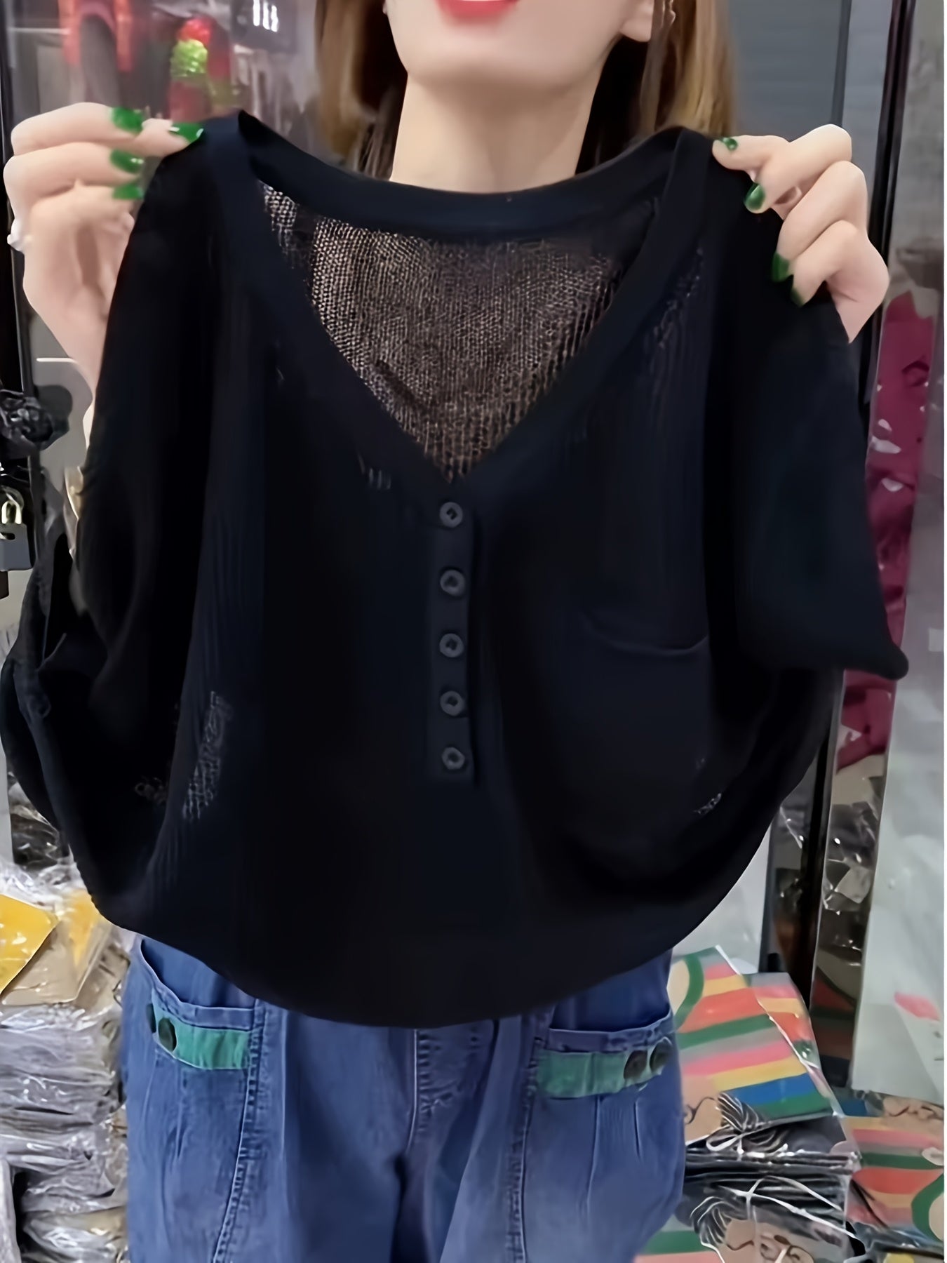 Women's Plus Size Stretchy V-Neck T-Shirt Navy Blue Casual Top