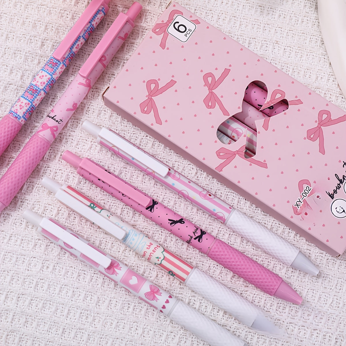 Juego de 6 bolígrafos de gel con lazo rosa de punta fina de 0.5mm para oficina y escuela