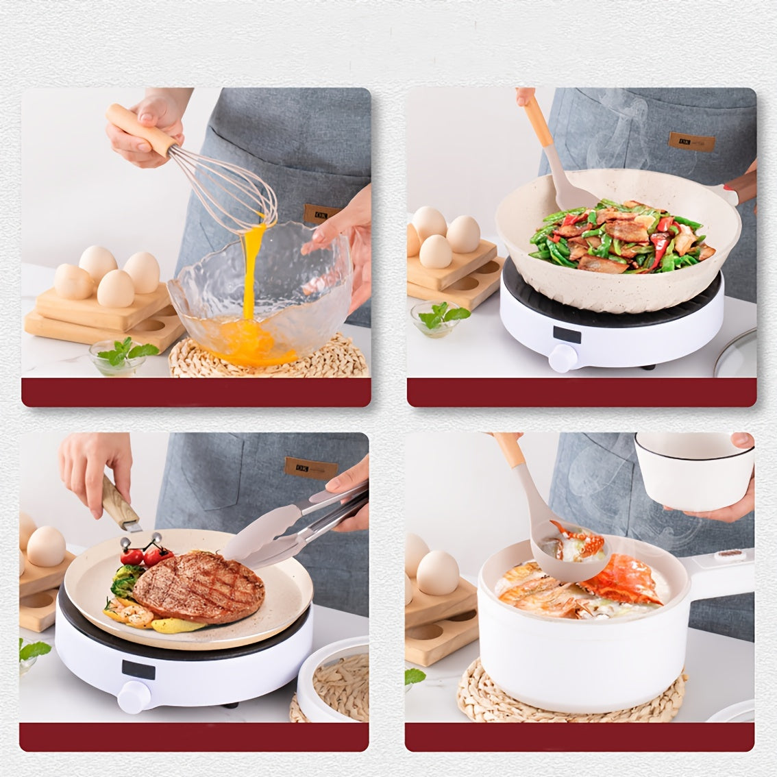 Silikon Oshxona Qozonlari To'plami, Yog'och Qo'llari bilan - 12 Dona Isiga Bardoshli Pishirish Asboblari, Jumladan, Qaytargich, Qopqoq, Spatula, Qoshqich, Cho'tka, Visk - BPA'siz Kulrang Oshxona Gadjetlari, Nonstick Qozonlar uchun Holder bilan