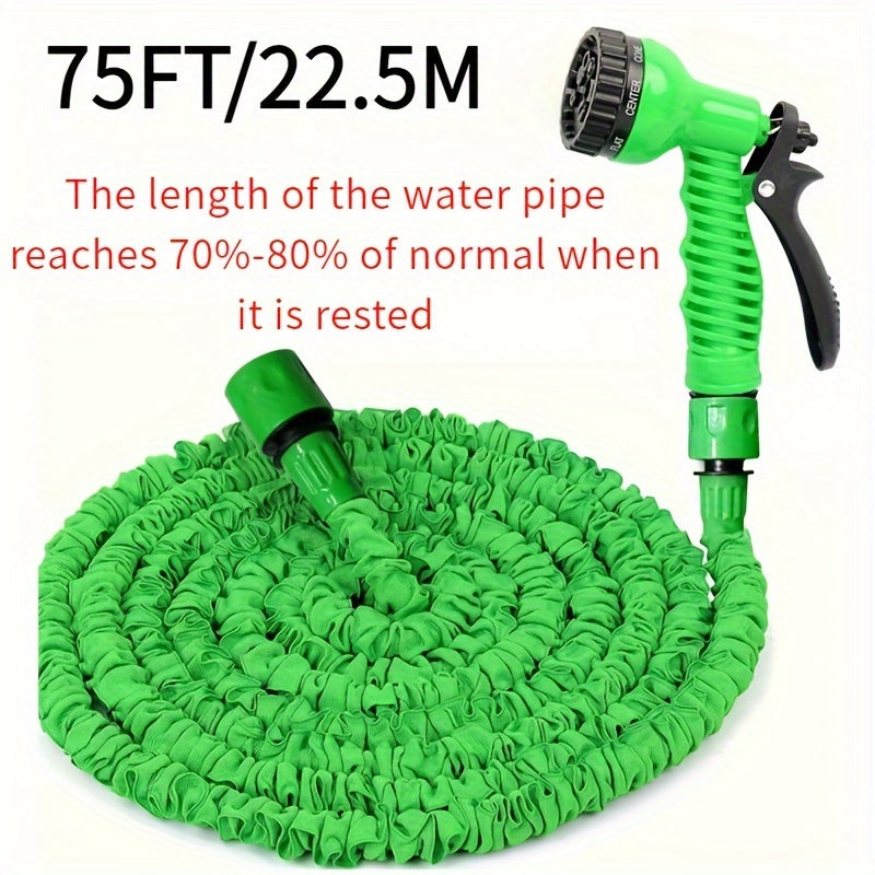 Expandable Green Rubber Garden Hose 30ft with High-Pressure Spray Gun and Anti-Kink Nozzle