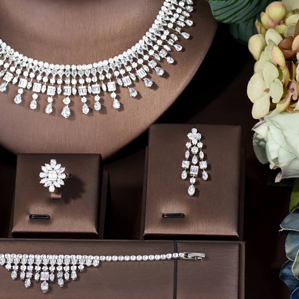 Conjunto de joyería nupcial con adornos de rhinestone: collar, pendientes, pulsera y anillo