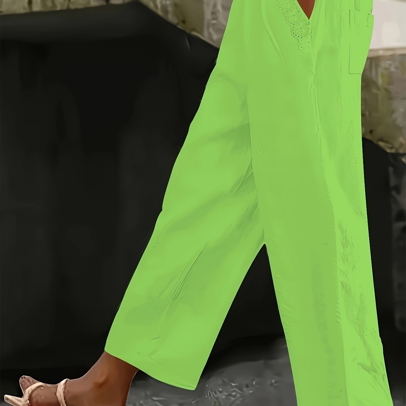 Pantalones de pierna ancha de talla grande con bolsillos con ribete de encaje, color sólido, casual, para todas las estaciones