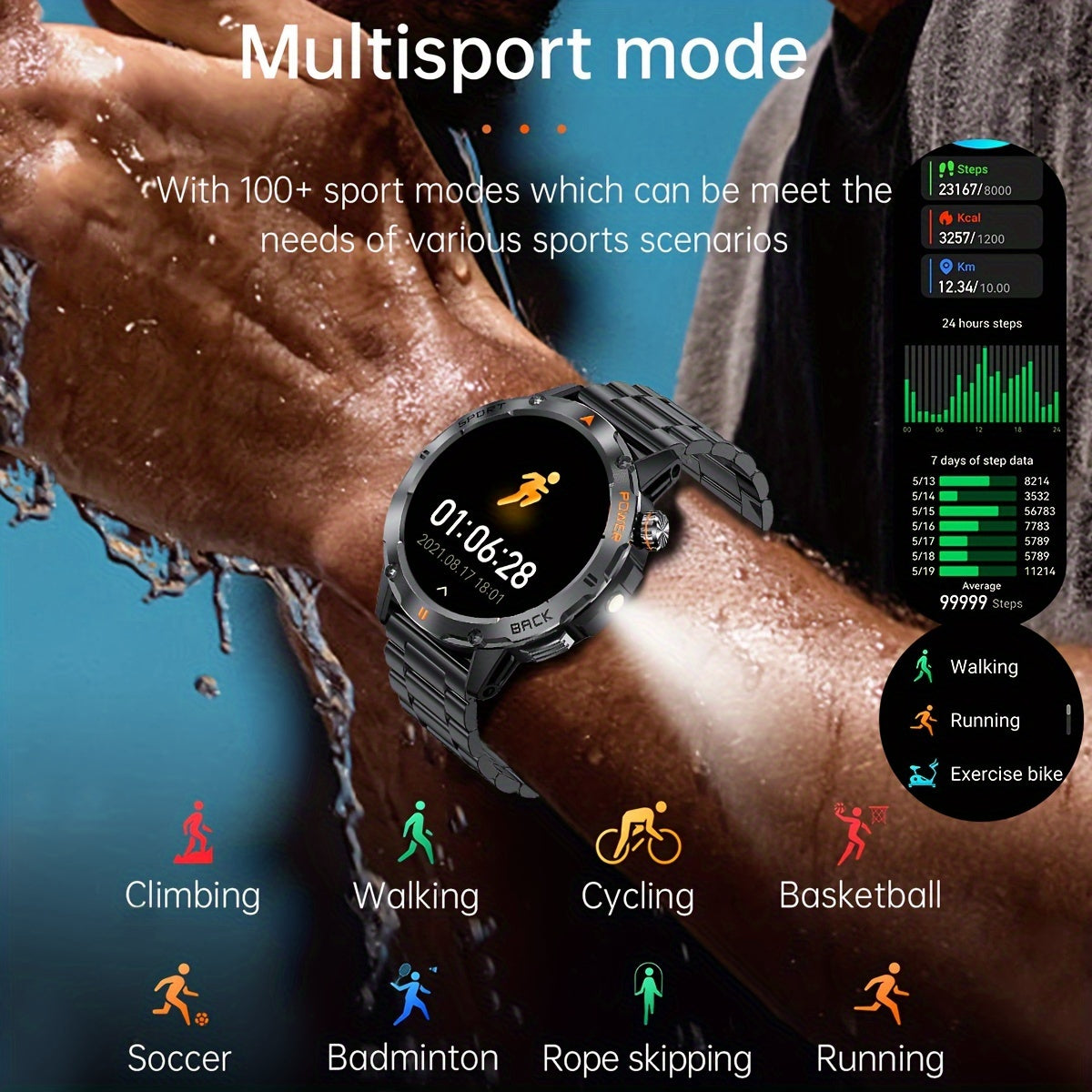 Reloj inteligente para hombres con linterna, podómetro, inalámbrico 5.0, recargable, IP67, para exteriores