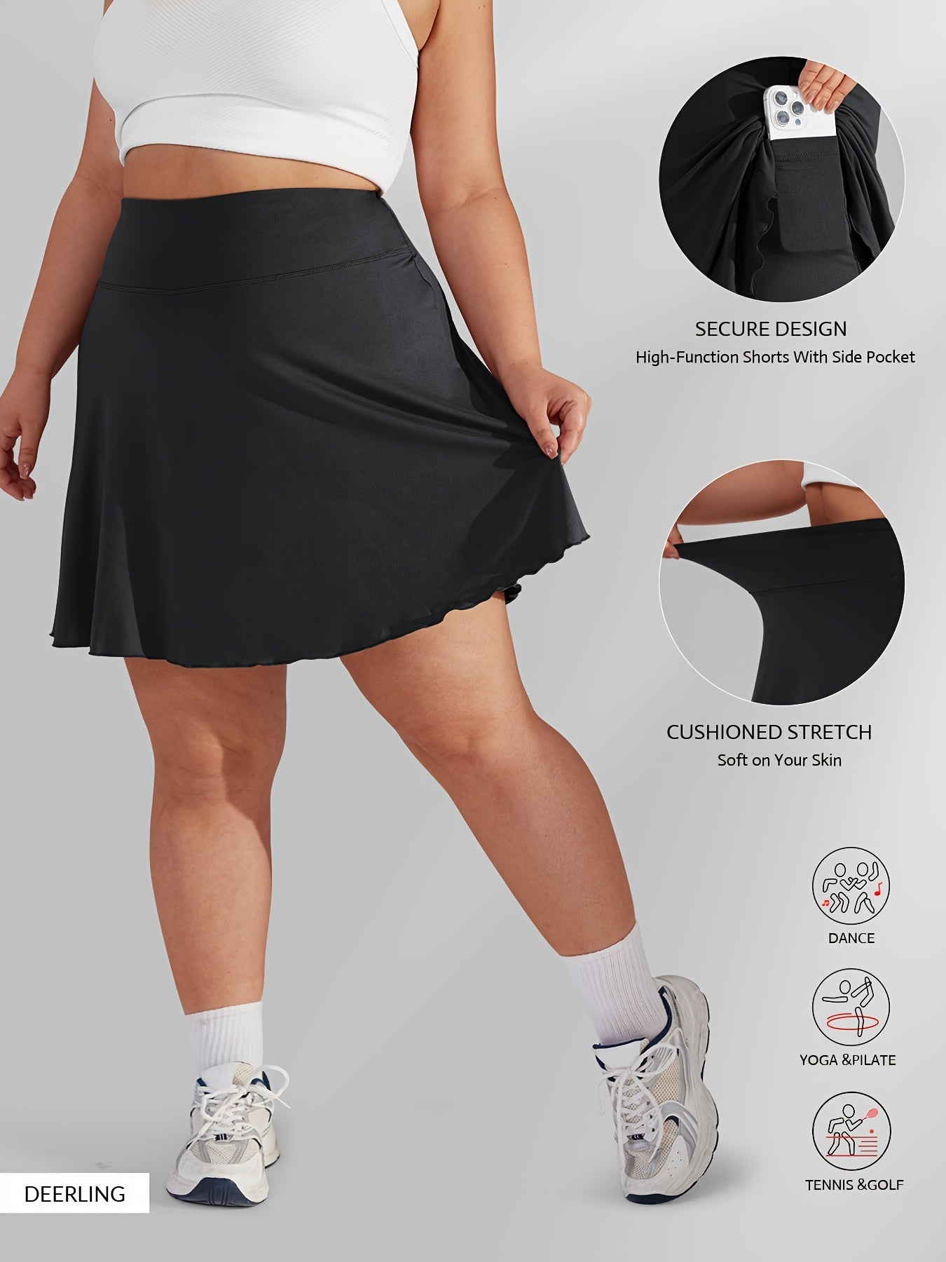Plus Size Sports Skirt with Pockets High Stretch Polyester Flared Summer Tennis Skirt