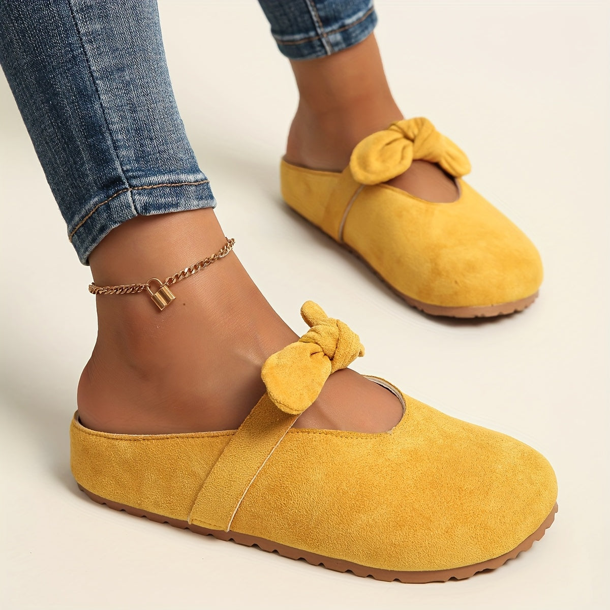 Women's Slip-On Mule Shoes with Bow, Soft Fabric, Yellow Flats