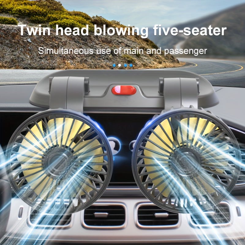 Dual Head Portable Car Fan with 5-Blade Turbo Airflow, USB Powered