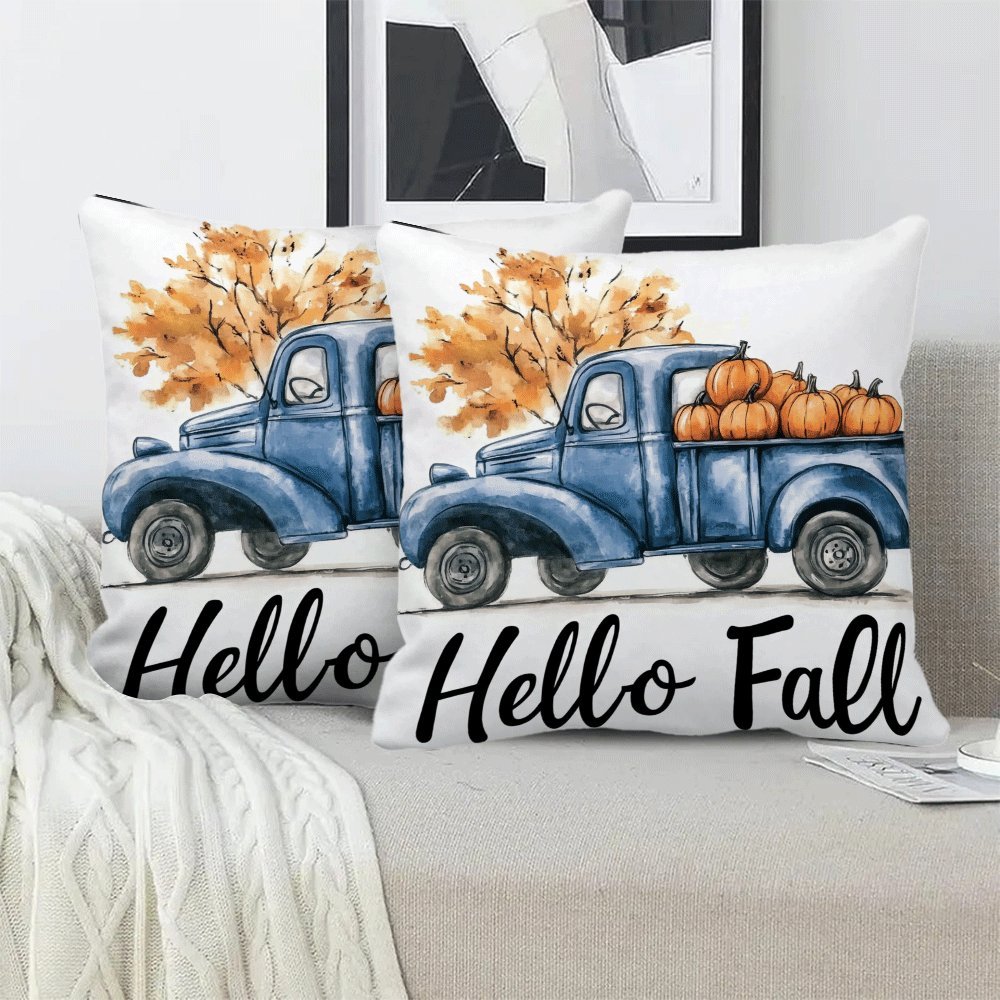 Set of 2 Flannel Pillow Covers 45.72 cm Zippered Pumpkin Truck Design for All Seasons