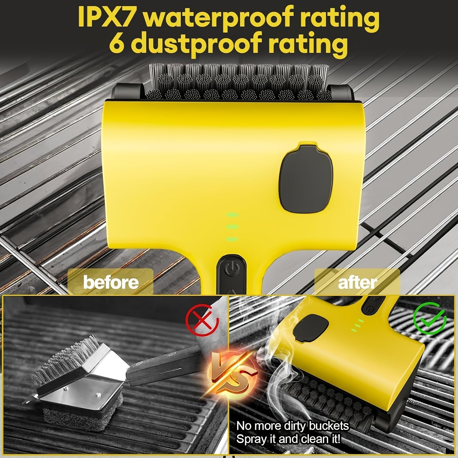 Kabelsiz grill choʻpchasi, ikki tomonlama aylanuvchi choʻpchalarga ega, qayta zaryadlanadigan elektr tozalovchi