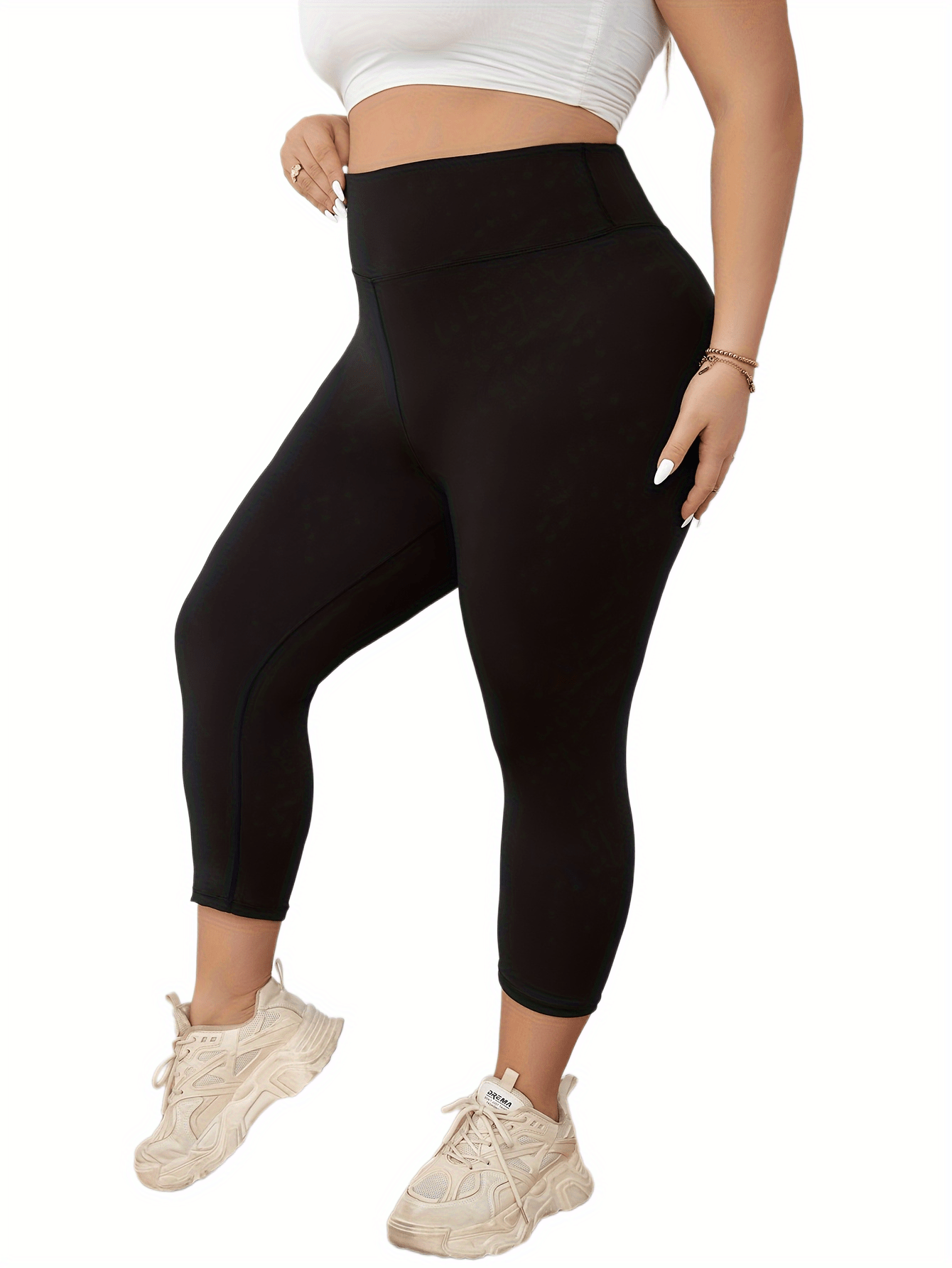 Plus Size Women Capri Leggings High Stretch Solid Color 3/4 Length Yoga Pants