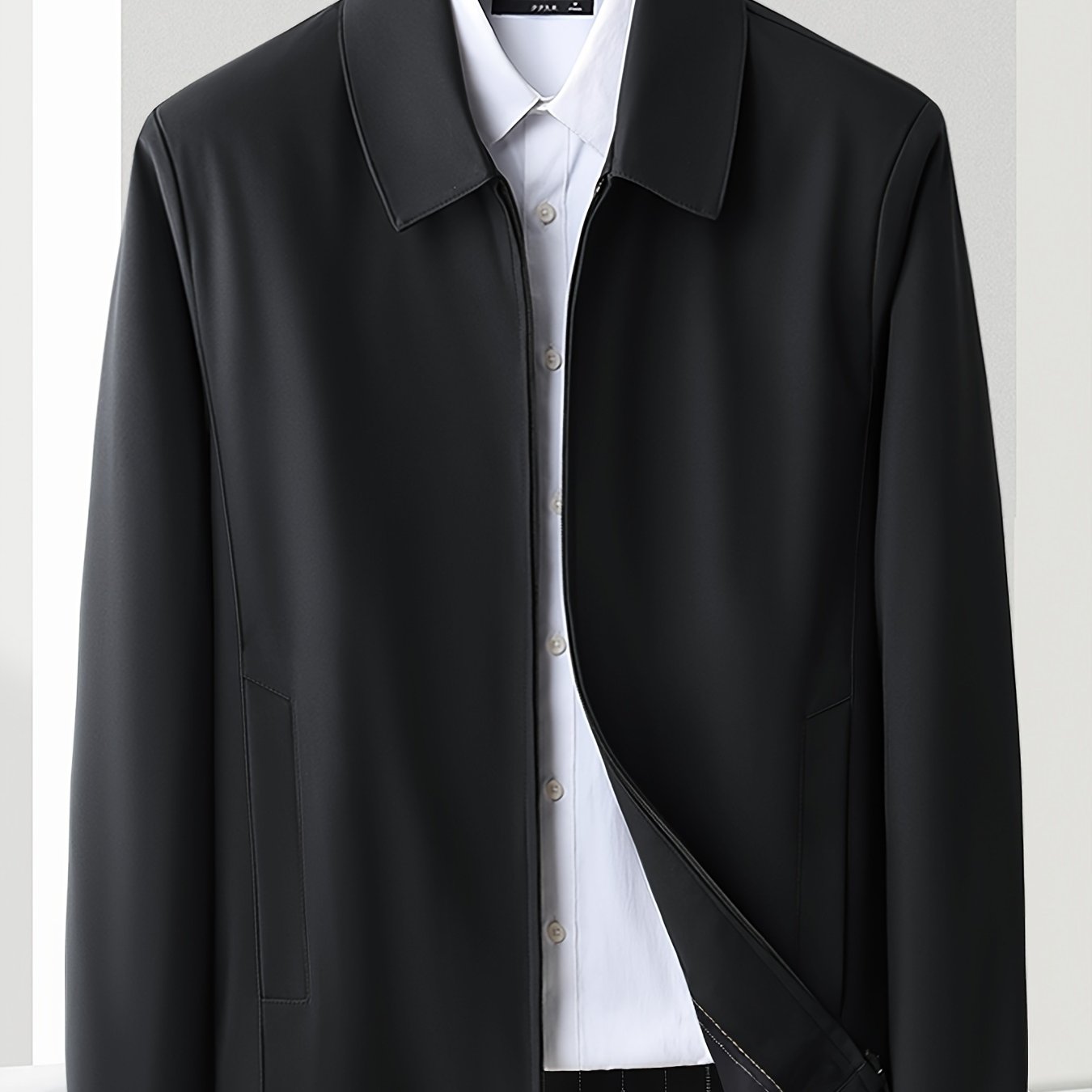 Мужская однотонная полиэстеровая куртка классического кроя с длинными рукавами, лацканами, молнией, повседневная, для всех сезонов