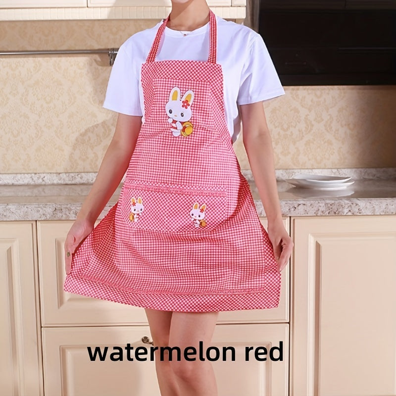 Adjustable Cooking Apron with Rabbit Design Pockets Oil and Dirt Resistant Brown Checkered
