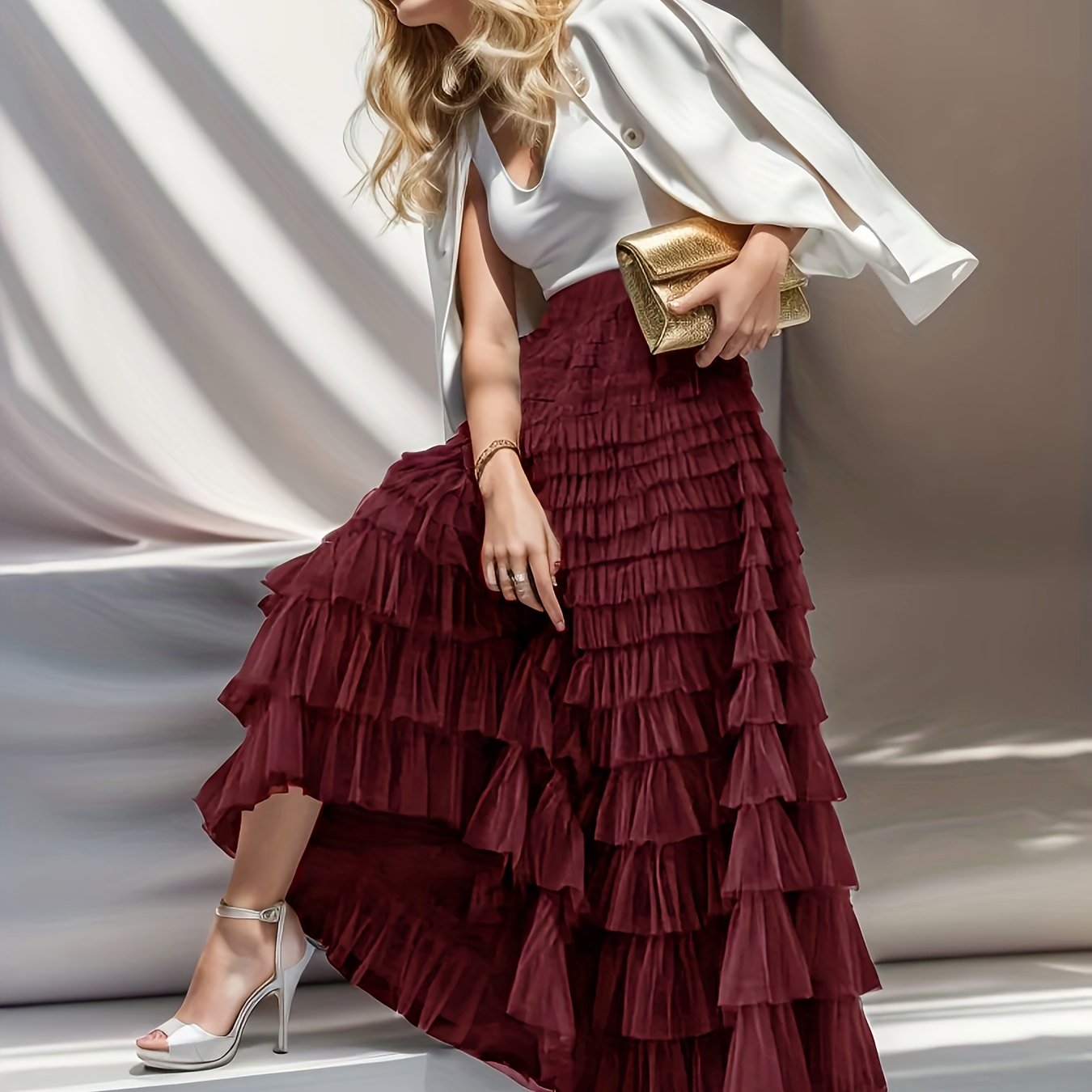 Women's Tiered Ruffle Tulle Skirt Solid Color Spring Summer Casual